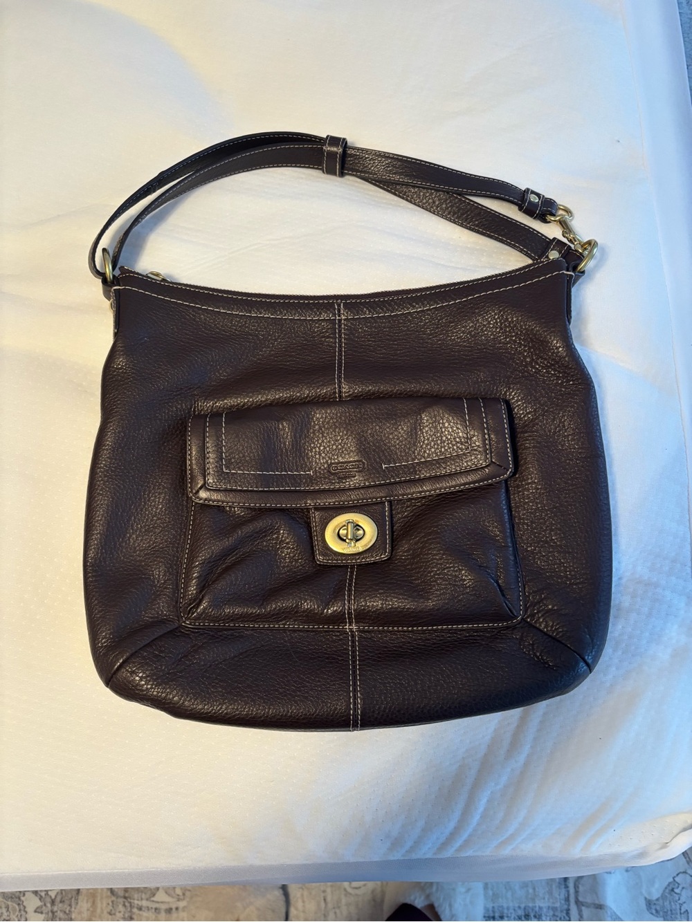 Coach Dark Brown Leather Shoulder Bag with Front Turn-Lock